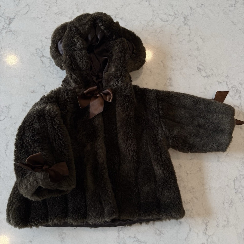 Bearington Baby 6-12 M Chocolate Brown Faux Fur Teddy Bear Hooded Jacket Coat
